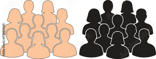 Illustration of two groups of people one light skinned and one dark skinned on a white background.