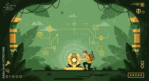 Adventurer discovers digital treasure chest in a lush jungle connecting technology