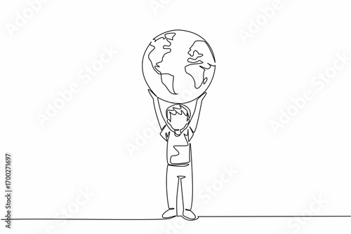 Continuous one line drawing boy lifting big globe. Respect rights of children, their world should be full of joy. Treat it as it should be. Day of Children. Single line draw design vector illustration