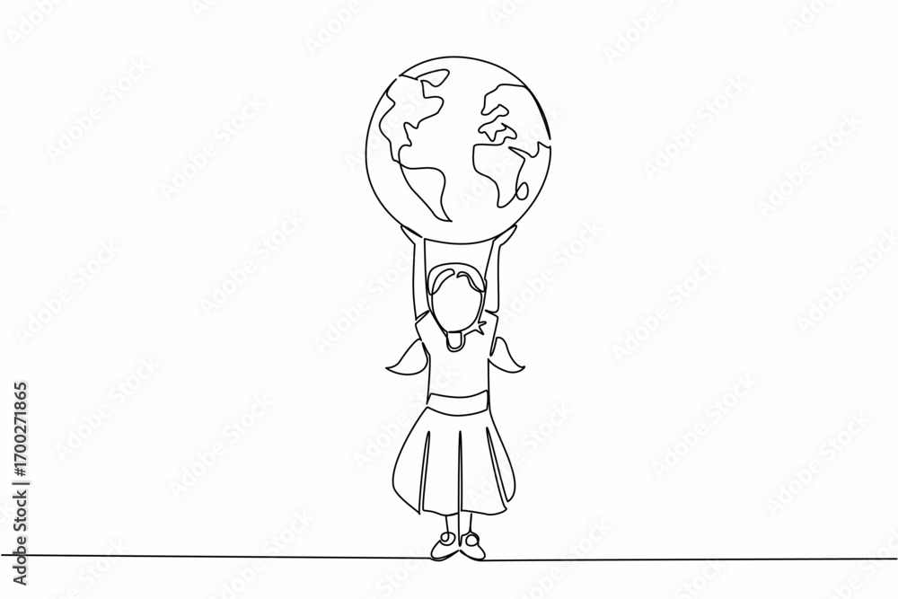 Obraz premium Single one line drawing a girl holds up a large globe. The world is more colorful without violence against girls. Protect her rights. Day of Children. Continuous line design graphic illustration