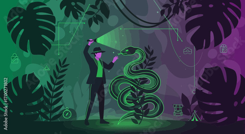 Adventurer in the jungle encounters a glowing snake, guided by flashlight illumination