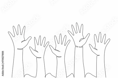 Single continuous line drawing 5 colorful open palms raised at varying heights. A symbol of freedom and happiness. Cheerful together. Friendship. Day of Children. One line design vector illustration