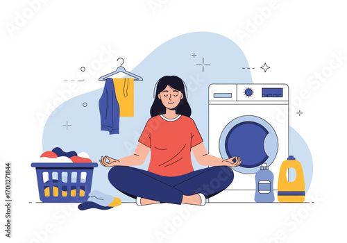 Woman finds inner peace and calm while doing laundry and chores at home