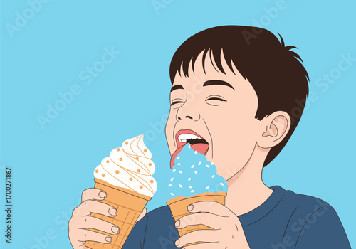 Young boy happily enjoying two delicious ice cream cones on a sunny day