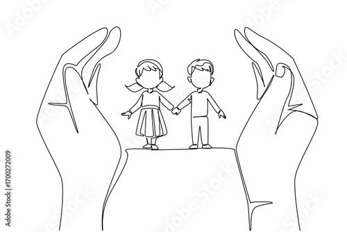 Continuous one line drawing adult hands are bent and a boy and a girl are holding hands in the middle. Symbolism of protecting children. Day of Children. Single line draw design vector illustration