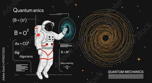 An astronaut explaining quantum mechanics and physics with formulas in deep space exploration