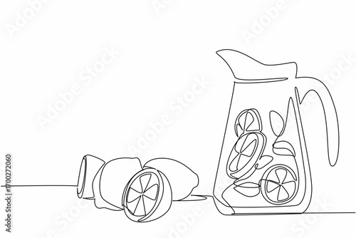 Single continuous line drawing lemonade in glass jug or pitcher. Cold drinks prevent dehydration. Summer is still refreshing. Infused water. National Lemonade Day. One line design vector illustration
