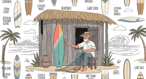 An illustration depicting a serene coastal scene with a man repairing a fishing net near a surf