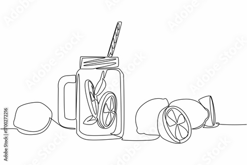 Single one line drawing lemonade, lemon slices and leaves in a mug. Simple healthy drink recipes to maintain body immunity. Sweet. National Lemonade Day. Continuous line design graphic illustration