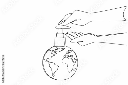 Single one line drawing globe topped with the top of soap bottle. Global concern requires hand washing. For healthy living. Protect. World Hand Hygiene Day. Continuous line design graphic illustration