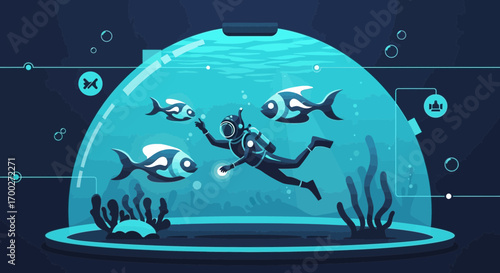 Aquatic exploration illustration showcasing a diver interacting with stylized fish within a