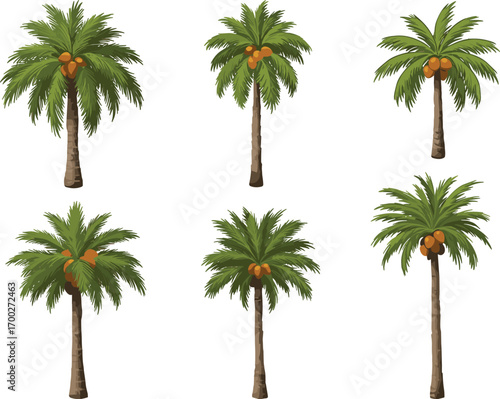 Set of six tropical coconut palm tree illustrations with green fronds, coconuts, curved trunks, botanical summer beach nature vector art