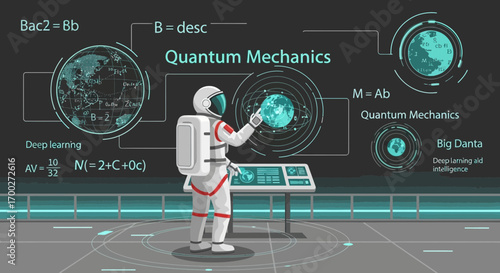 Astronaut Engaged in Quantum Mechanics Research in a Futuristic Laboratory Illustration