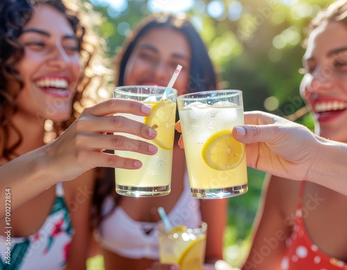 Friends clinking glasses of lemonade outdoors on a sunny day