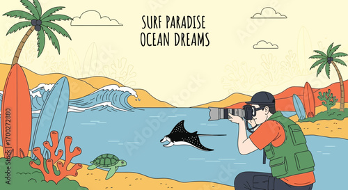 Hand-drawn ocean landscape illustration featuring a photographer and marine life