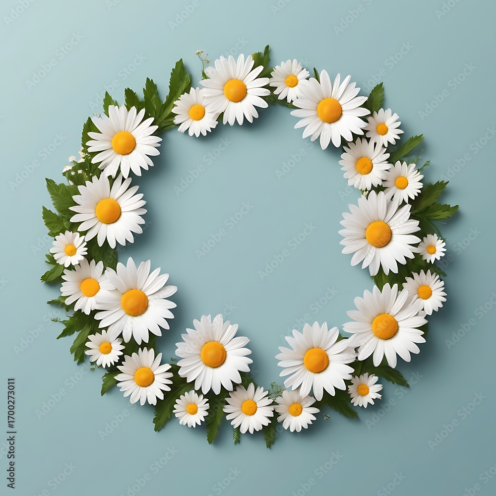Fototapeta premium Beautiful wreath of white daisies and green leaves arranged in a circle on a soft blue background
