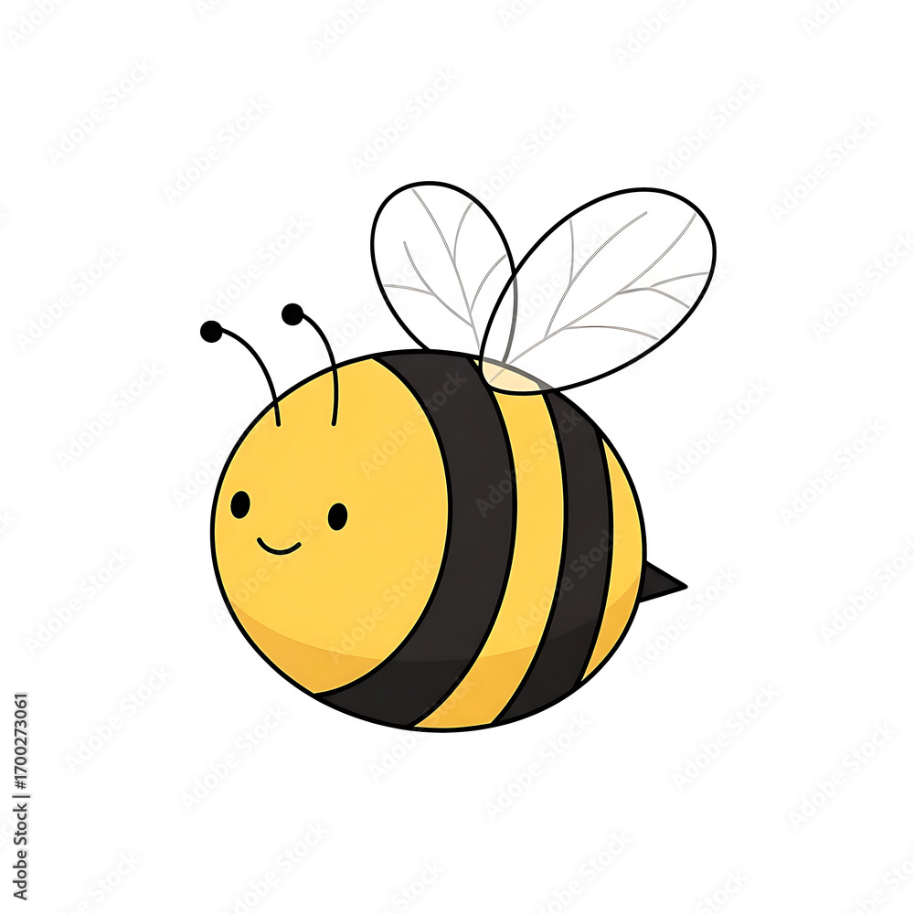 Obraz premium Simple and cute cartoon bee with a smile, vector icon illustration, isolated on white background.