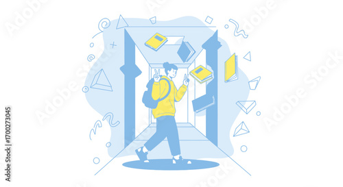 Happy student heading to school surrounded by floating books and geometric shapes