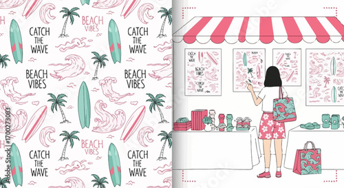 Hand-drawn summer theme pattern and illustration of a woman at a beach market