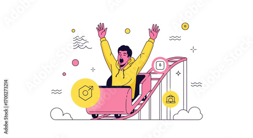 Excited man riding roller coaster with thrill and joy on amusement park adventure