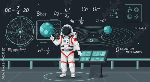 Astronaut pointing at a digital planet with scientific formulas and data visualizations displayed