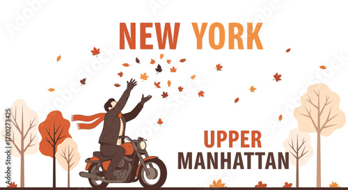 Autumn adventure in Upper Manhattan with a rider enjoying the falling leaves on a motorcycle