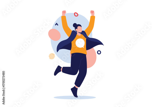 Joyful person celebrating success with arms raised high up