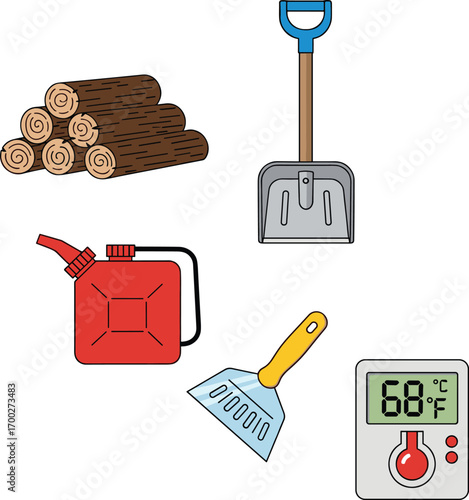 Winter survival kit: firewood, shovel, gas can, scraper, thermometer