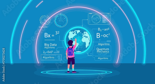 Boy interacting with futuristic technology interface displaying equations and data points