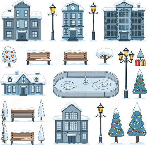 Winter Town Elements Collection with Snow-Covered Buildings