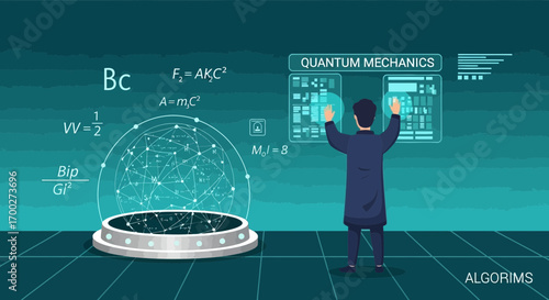 Illustration depicting a scientist interacting with a quantum mechanics interface for algorithms