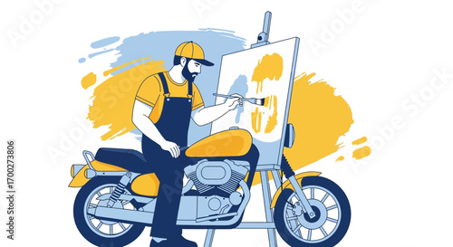 Illustration of a creative artist painting on a canvas mounted on a motorcycle easel