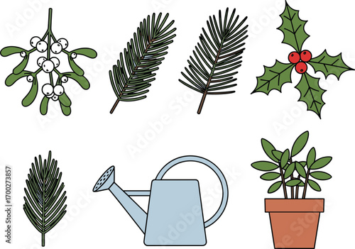 Christmas elements and gardening tools icons
