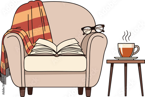 Cozy armchair with open book, glasses and hot tea
