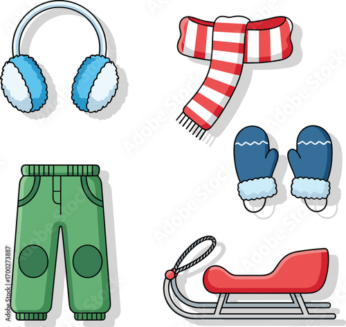 Winter Clothing and Sled Vector Illustration