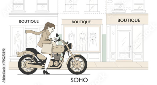 Fashionable woman riding a motorcycle in Soho New York in front of boutique stores