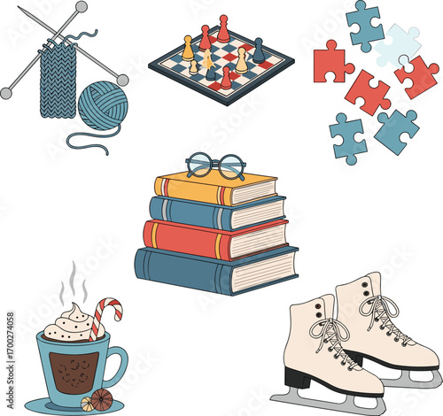 Cozy winter activities and hobbies illustration