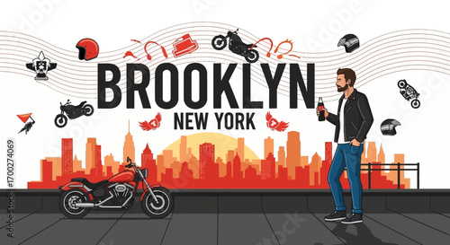 Brooklyn Vibes: A Motorcycle Rider with a Cityscape Backdrop and Urban Lifestyle Elements