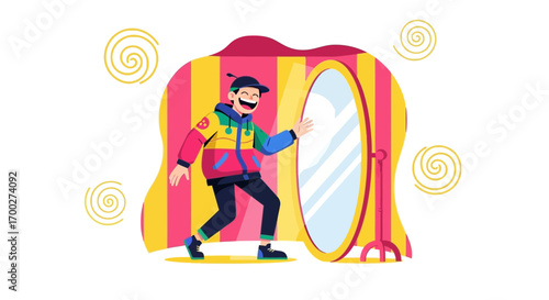 Cartoon character facing a mirror with a bright colorful jacket and an optimistic smiling expression