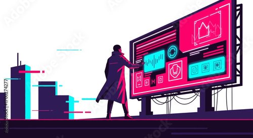 Futuristic city billboard displaying advanced technology with a man interacting with interface