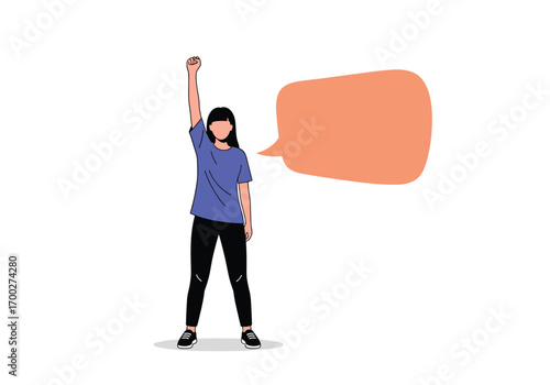 Woman raising hand in protest with speech bubble for expression