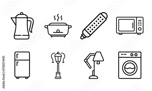Minimal Line Icons of Home Appliances – Electric Kettle, Induction Cooker, Water Heater, Microwave Oven, Refrigerator, Street Lamp, Table Lamp, and Washing Machine Vector Set for Household, Kitchen, a