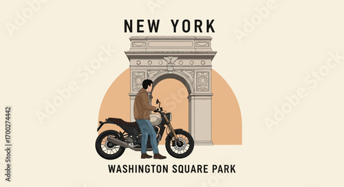 Illustration of a man with a motorcycle in front of Washington Square Park Arch, New York