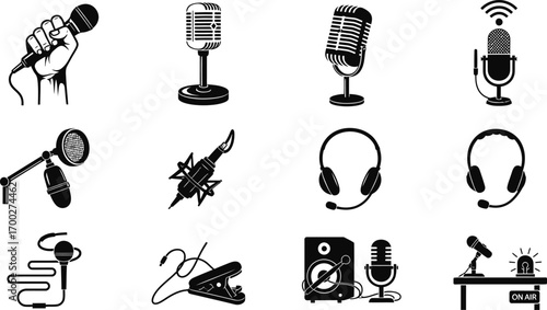 Audio recordin broadcasting equipment accessories icons set editable vector illustration. Multimedia production microphone icon set. Microphones, headphones and audio accessories silhouette 