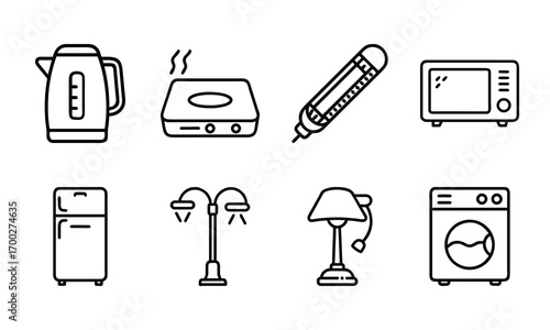 Minimal Line Icons of Home Appliances – Electric Kettle, Induction Cooker, Water Heater, Microwave Oven, Refrigerator, Street Lamp, Table Lamp, and Washing Machine Vector Set for Household, Kitchen, a