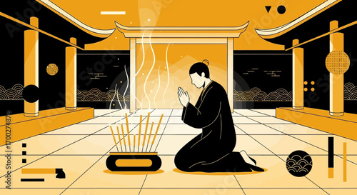Illustration of a praying person in a temple with incense and intricate graphic elements