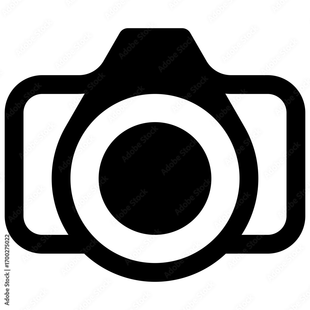 Obraz premium Camera. Outlined stroke vector icon with black-filled details.