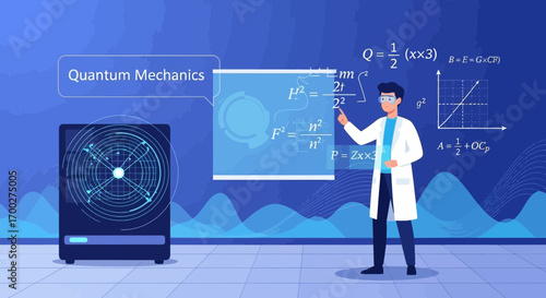 Illustration of a scientist explaining quantum mechanics on a digital screen with formulas