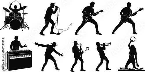 Silhouette of a musical band performing at a concert. Cafe rock band icon set editable vector illustration. Set of musician with different instruments and cheering crowds. 
