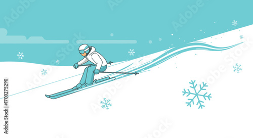 Illustration of a skier descending a snowy slope on a winter day with snowflakes in the background